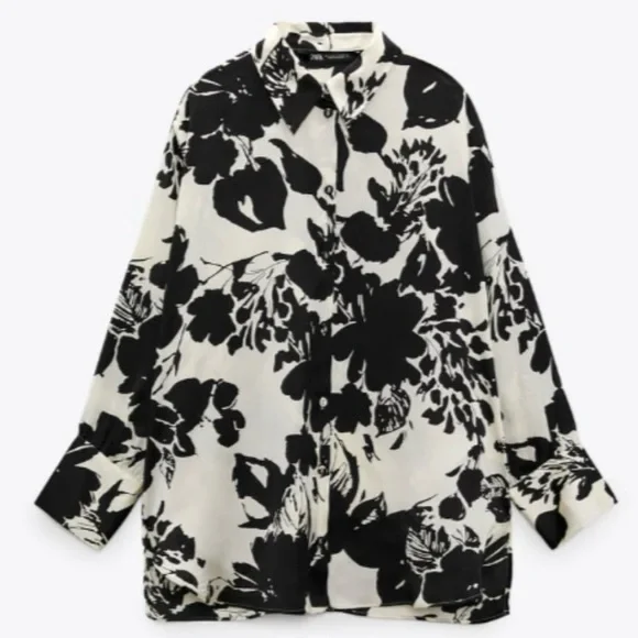 Zara Floral Print Button Down Silk Shirt in Ecru / Black Size M - Picture 14 of 16